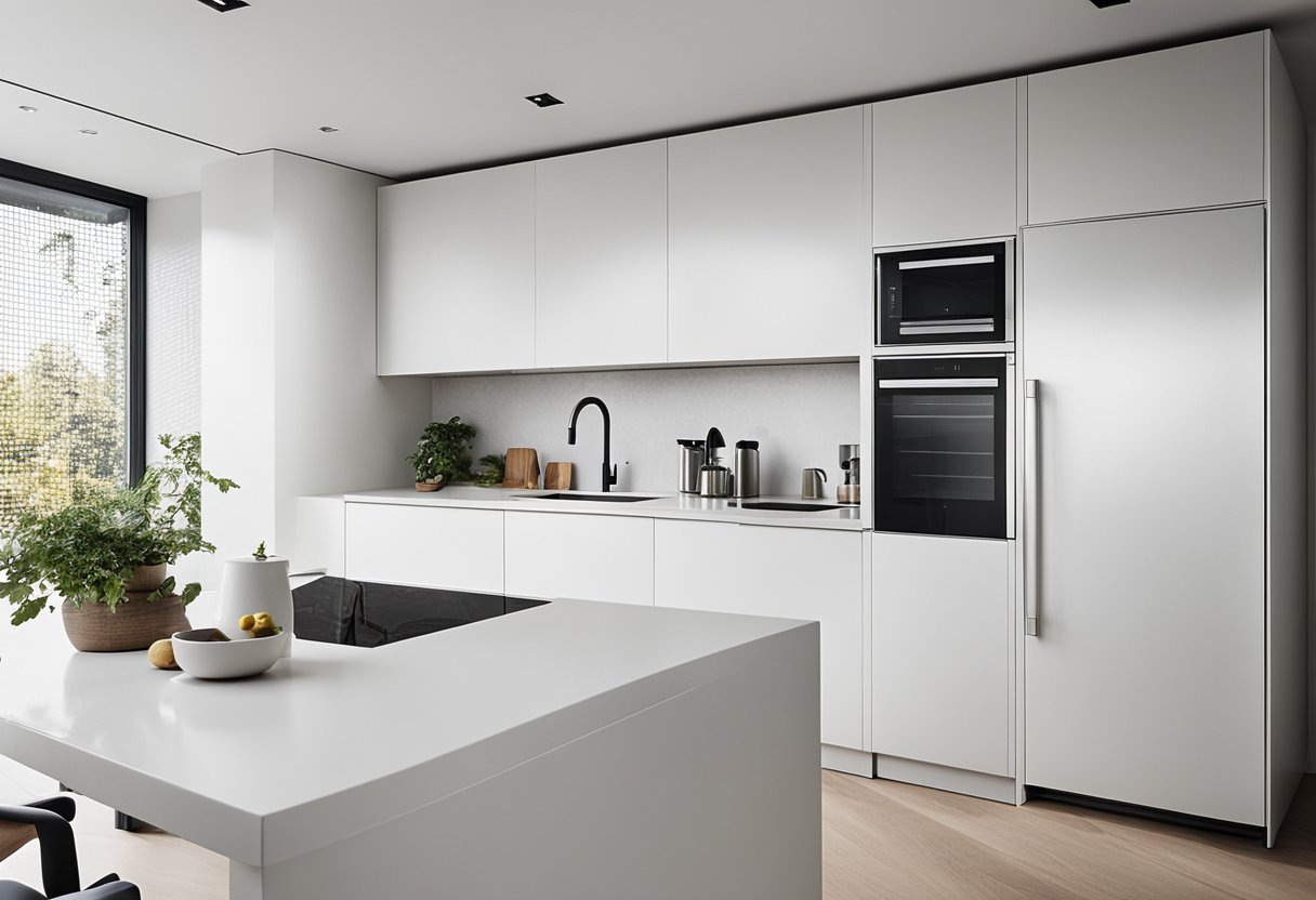 A bright, modern white kitchen with sleek appliances and ample storage. Clean lines and minimalistic design create a sense of spaciousness and simplicity