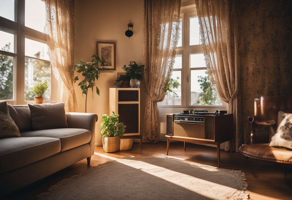 A cozy living room with floral wallpaper, antique furniture, and a vintage record player. Sunlight streams in through lace curtains, casting a warm glow