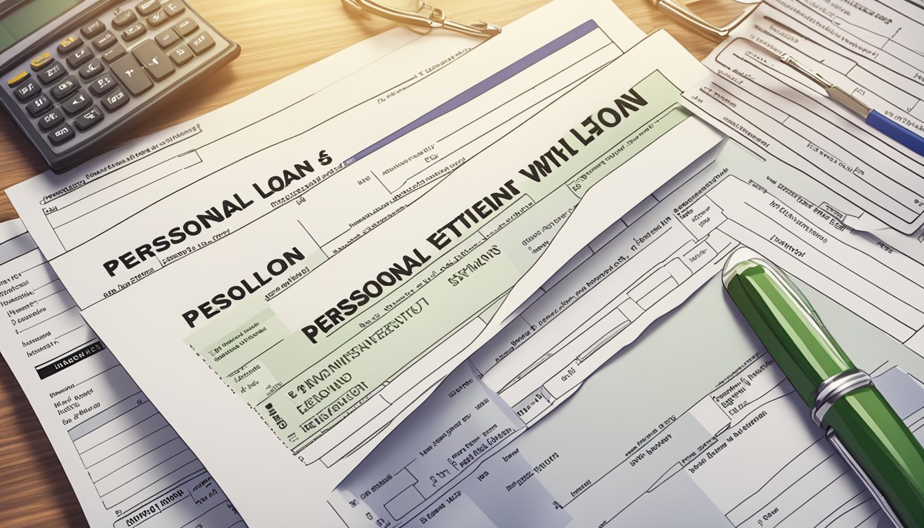 A stack of bank statements and pay stubs lay on a desk, alongside a loan application form and a calculator. The words "Personal Loan Without Income Verification" are highlighted on the form