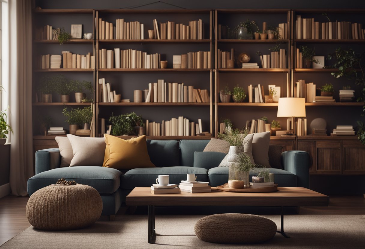 A cozy living room with a plush sofa, warm lighting, and a rustic coffee table. A bookshelf filled with books and decorative items adds character to the space