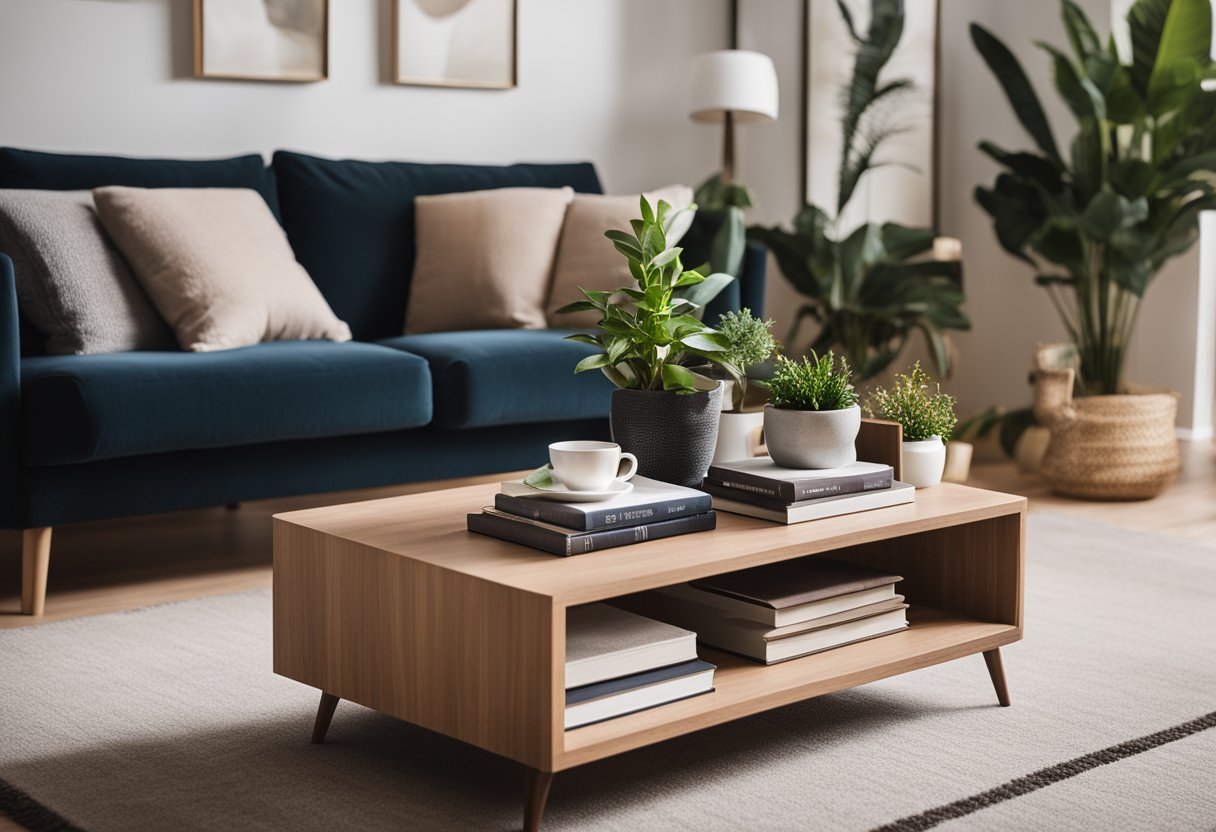 A cozy living room with a comfortable sofa, stylish coffee table, and warm lighting. A bookshelf filled with design books and decorative plants adds a touch of sophistication