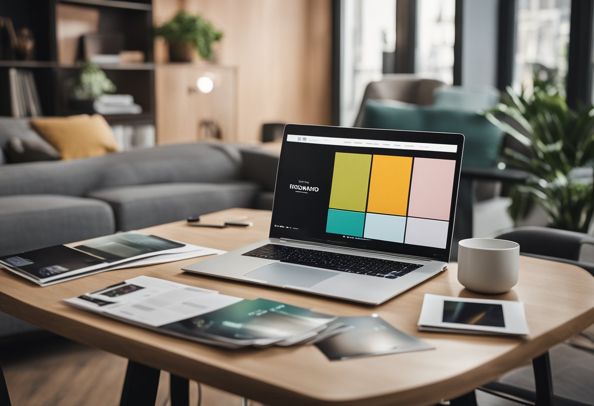A sleek laptop sits on a modern desk, surrounded by interior design magazines and a color swatch palette. The screen displays a 3D rendering of a stylish living room