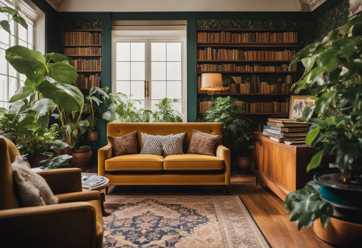 A cozy living room with floral wallpaper, a vintage velvet sofa, and a patterned rug. A record player sits on a mid-century sideboard, surrounded by antique books and potted plants