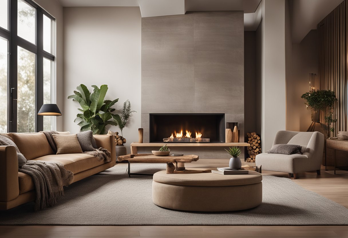 A cozy living room with a large, plush sofa, warm lighting, and a fireplace. The room features neutral tones and natural textures, with a mix of modern and rustic elements