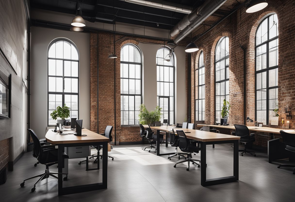 The industrial office interior features exposed brick walls, metal beams, and minimalist furniture, with large windows allowing natural light to fill the space