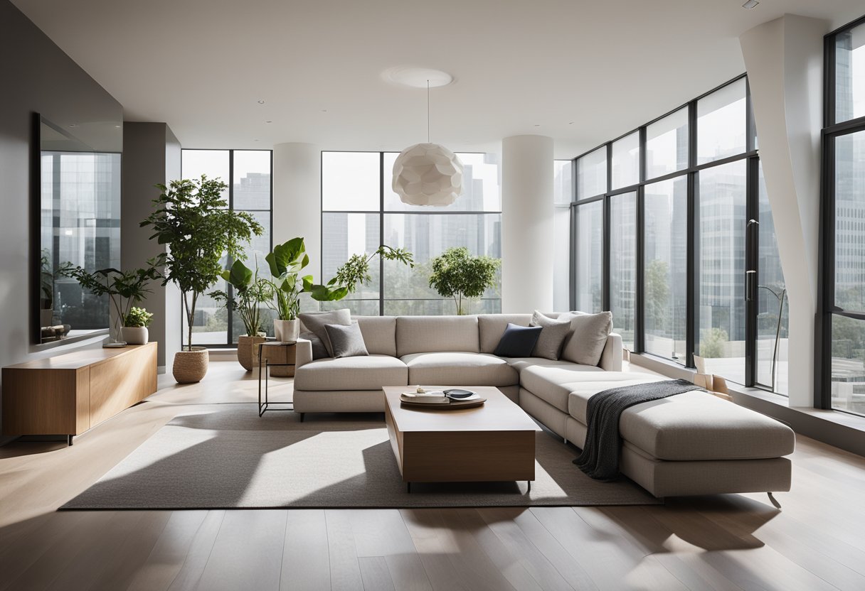 A modern, sleek interior design with clean lines, minimalist furniture, and a neutral color palette. Large windows allow natural light to fill the space, creating a warm and inviting atmosphere
