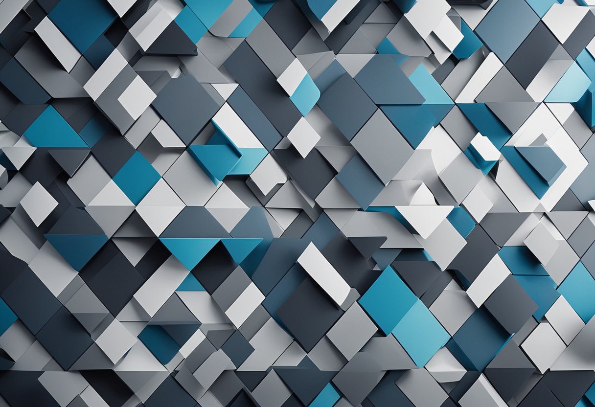 The office wallpaper features a modern geometric pattern in shades of grey and blue, adding a sleek and professional touch to the interior design