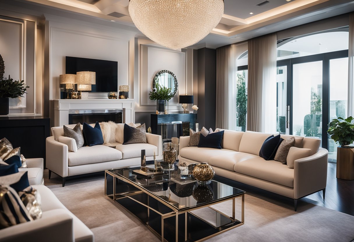 A luxurious living room with modern furniture and elegant decor, showcasing the sophisticated taste of Kris Jenner's interior designer