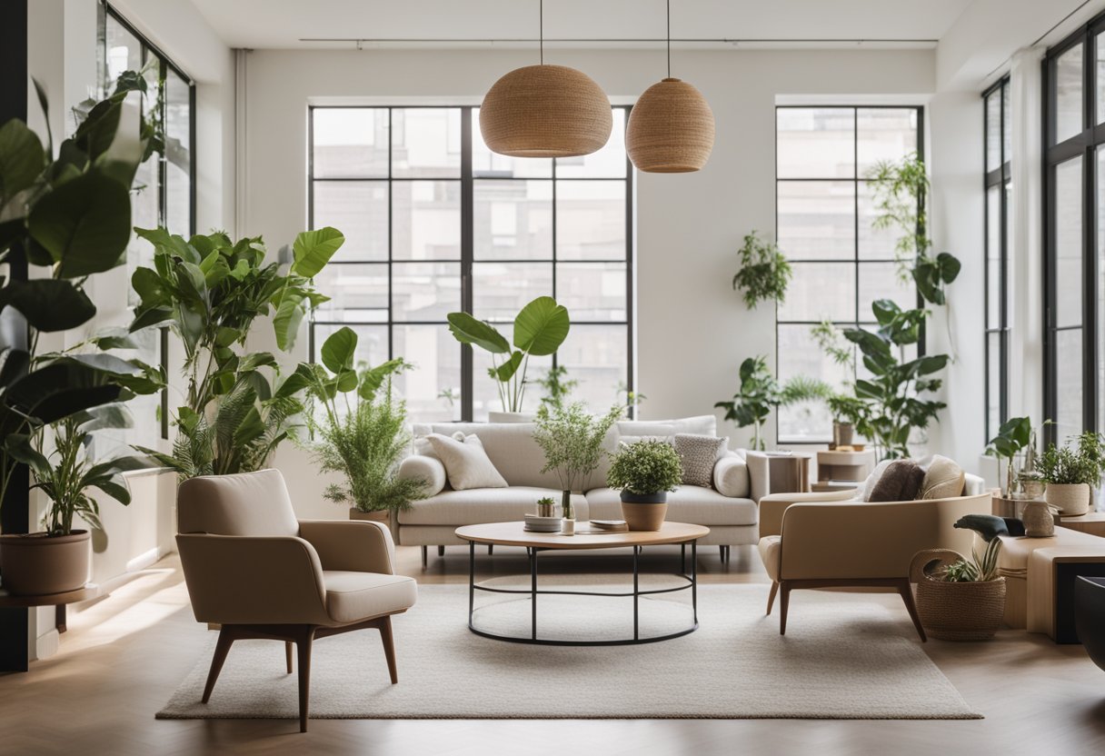 A modern living room with clean lines, minimalist furniture, and soft, neutral colors. A large window provides plenty of natural light, and potted plants add a touch of greenery to the space
