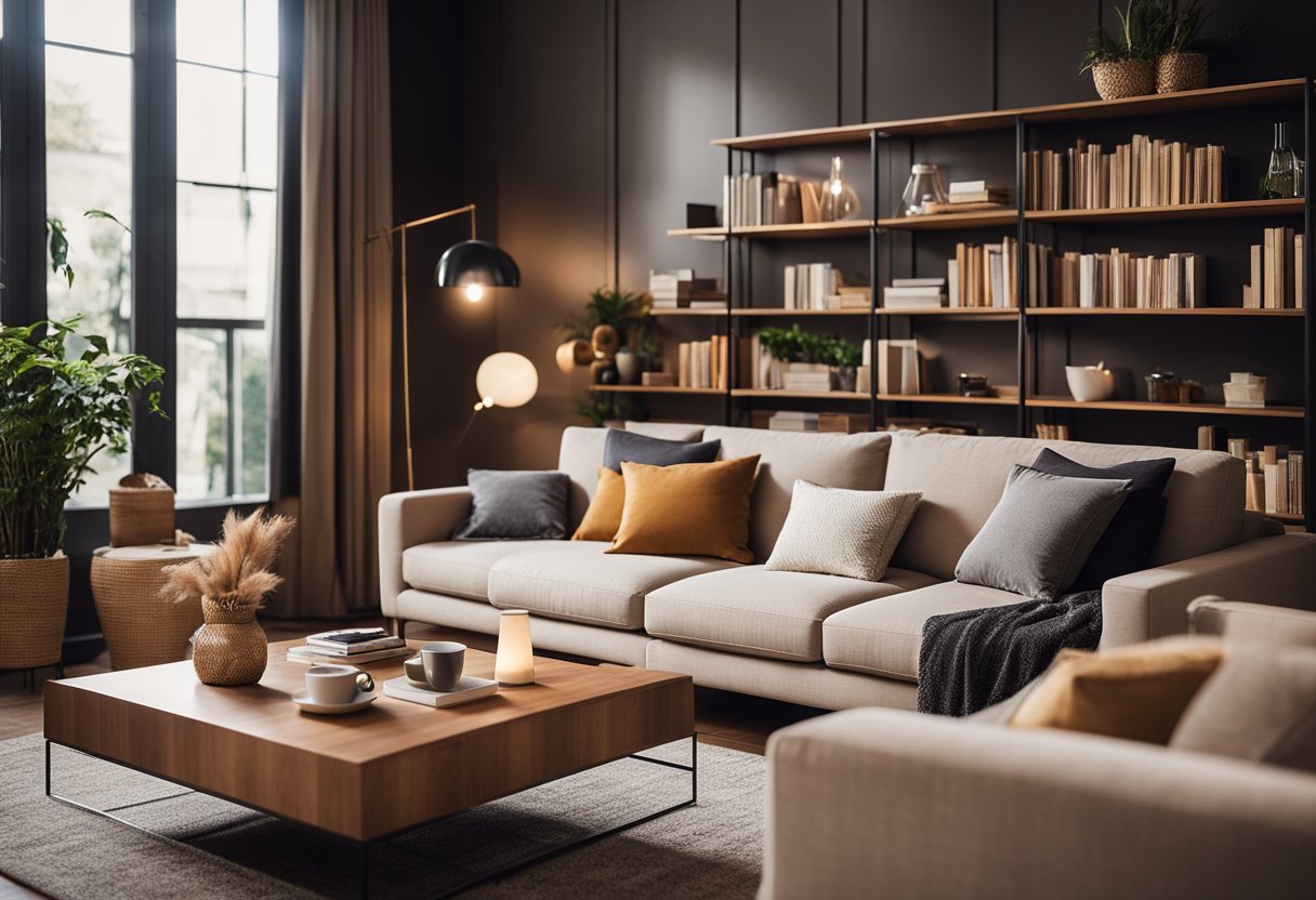 A cozy living room with a modern sofa, coffee table, and bookshelf. Soft lighting and warm colors create a welcoming atmosphere