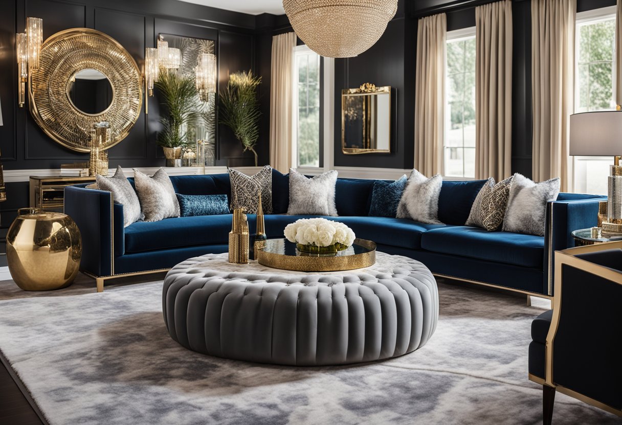 A luxurious living room with modern furniture, bold patterns, and metallic accents. A mix of textures and statement pieces exudes Kris Jenner's glamorous design style