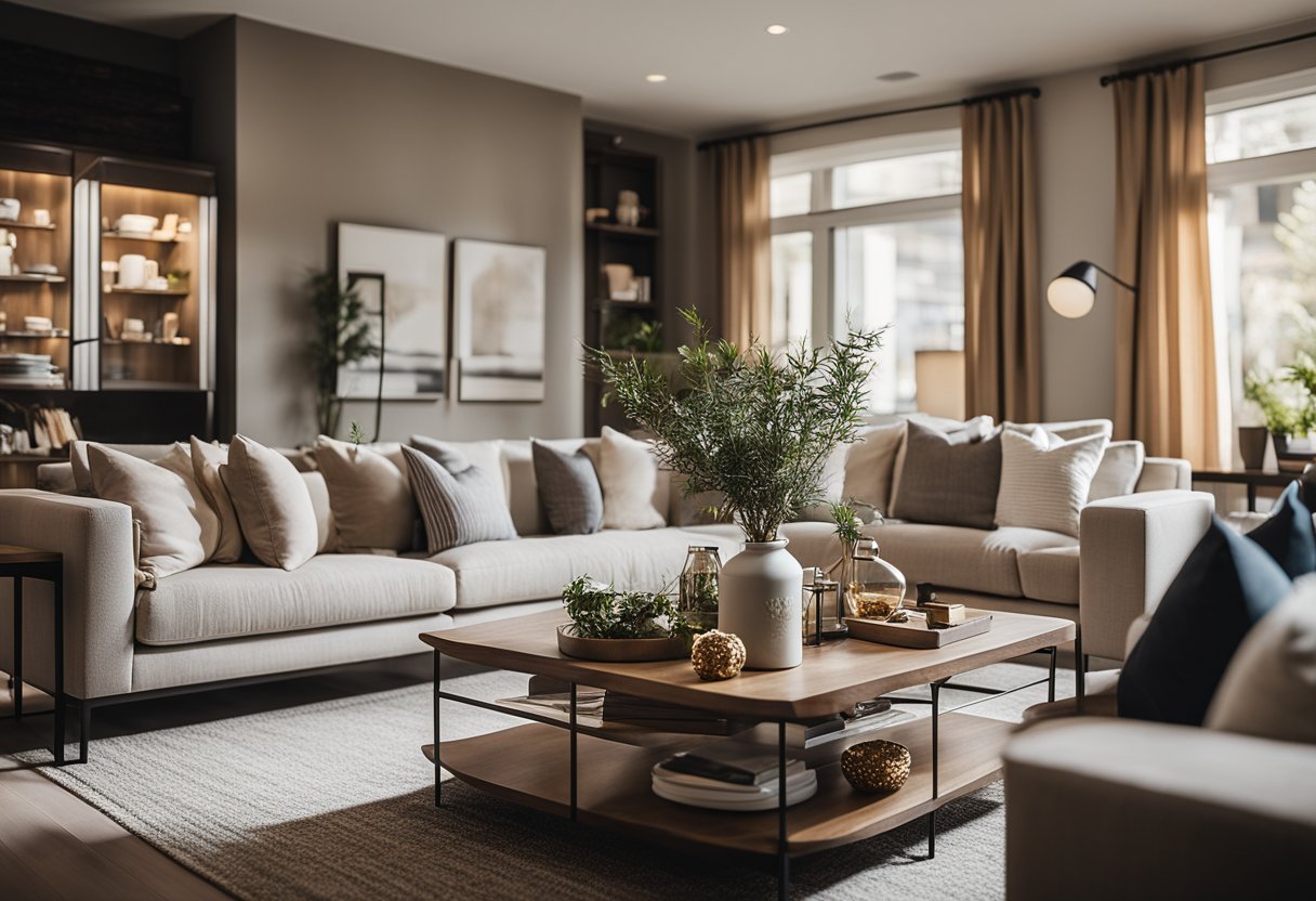 A cozy living room with a focus on client comfort and style, featuring modern furniture, warm lighting, and personalized decor
