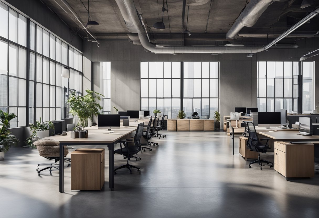 An open concept office with exposed ceilings, concrete floors, and metal accents. Large windows let in natural light, while modern furniture and minimalist decor create a sleek and functional workspace
