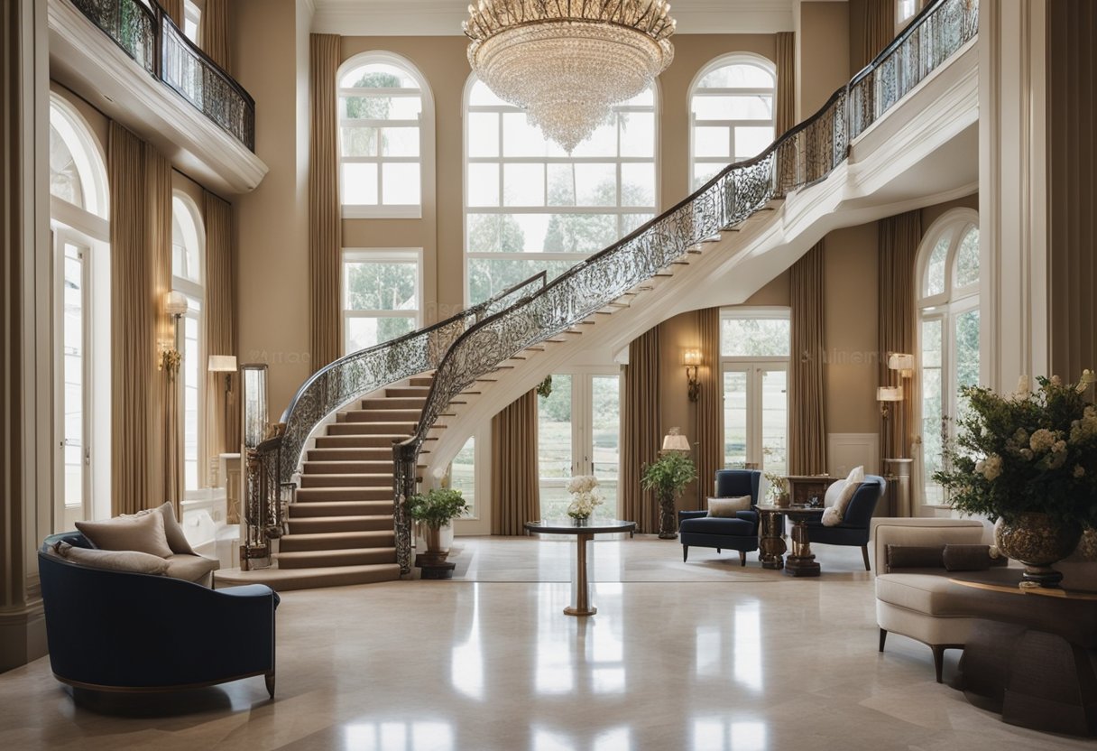 A grand staircase leads to a spacious living room with luxurious furniture and a stunning chandelier. The room is filled with natural light from large windows, showcasing elegant decor and artwork