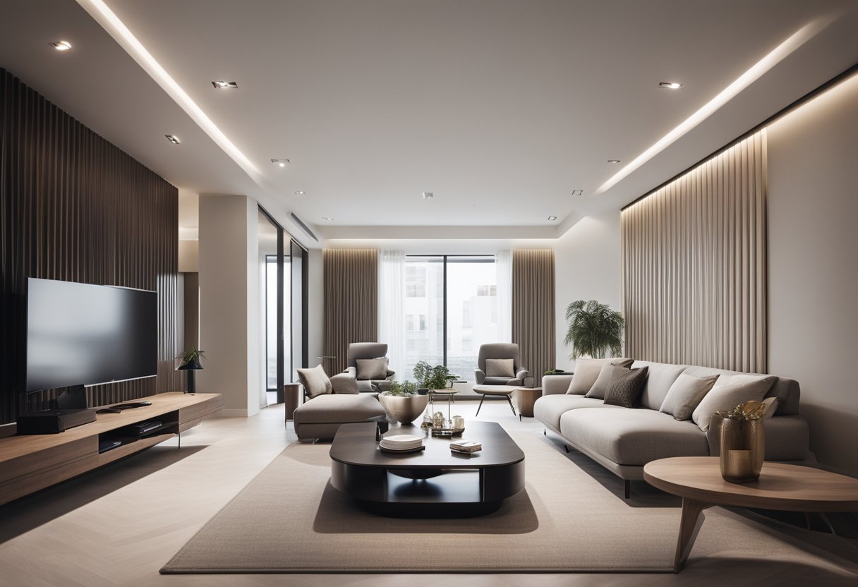 A modern, minimalist interior design with clean lines, neutral colors, and sleek furniture. A focus on functionality and simplicity, with strategic lighting and geometric patterns