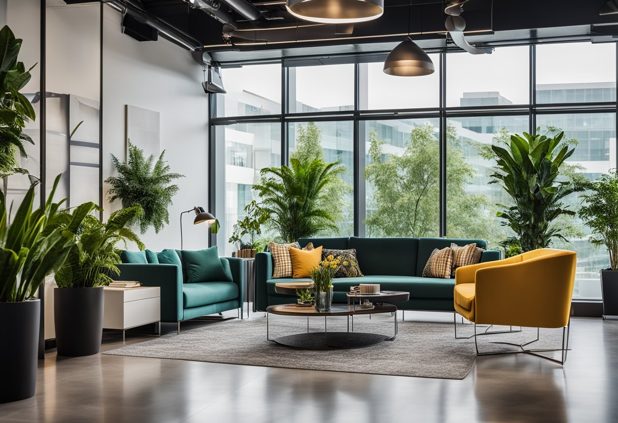 A modern office with sleek furniture, plants, and a vibrant color scheme. A large wall display showcases frequently asked questions about interior design and build