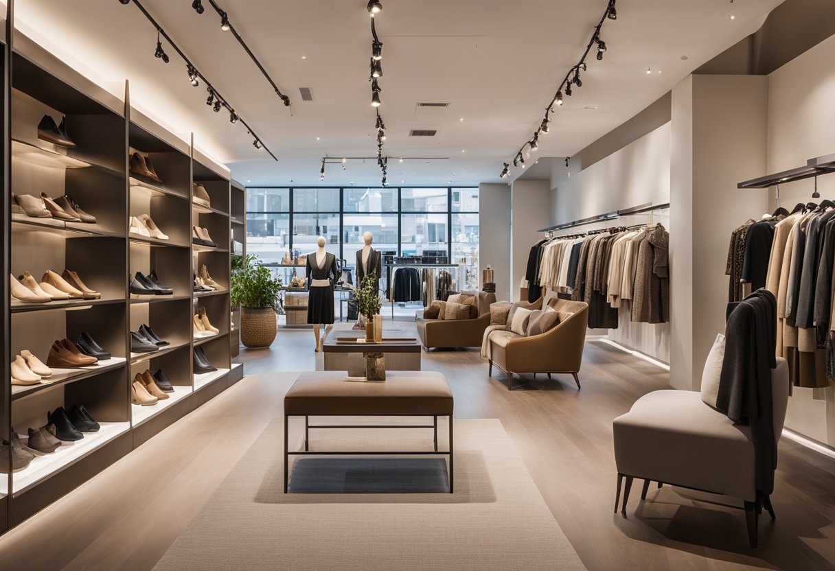 The clothing boutique features modern fixtures, soft lighting, and a minimalist color palette. Mannequins display the latest fashions, while shelves showcase accessories. A cozy seating area invites customers to relax and browse