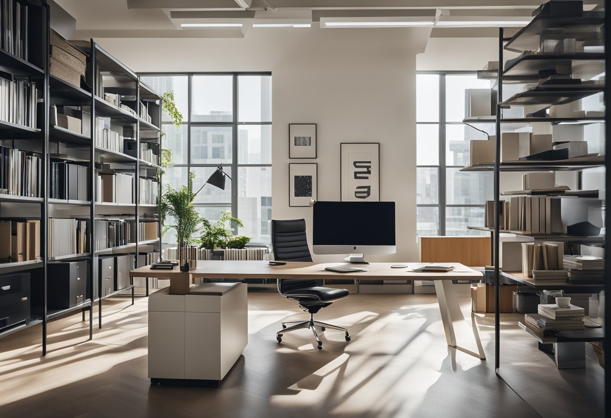 A modern, minimalist office space with sleek furniture and clean lines. A large desk sits in the center, surrounded by shelves displaying design books and decorative objects. The room is flooded with natural light from floor-to-ceiling windows
