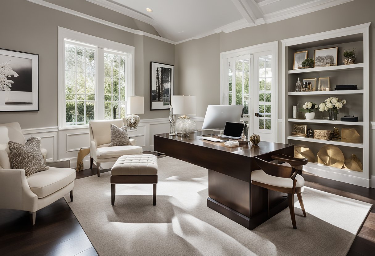 Kris Jenner's elegant home office, with modern furniture, art pieces, and a sleek desk, exudes sophistication and luxury. The space is filled with natural light, creating a warm and inviting atmosphere