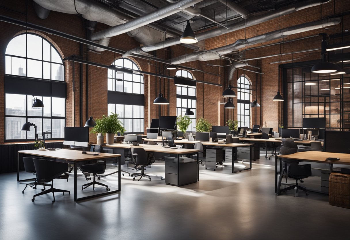 An open-plan office with exposed brick walls, metal fixtures, and large windows. Industrial lighting and minimalist furniture create a modern, trendy workspace