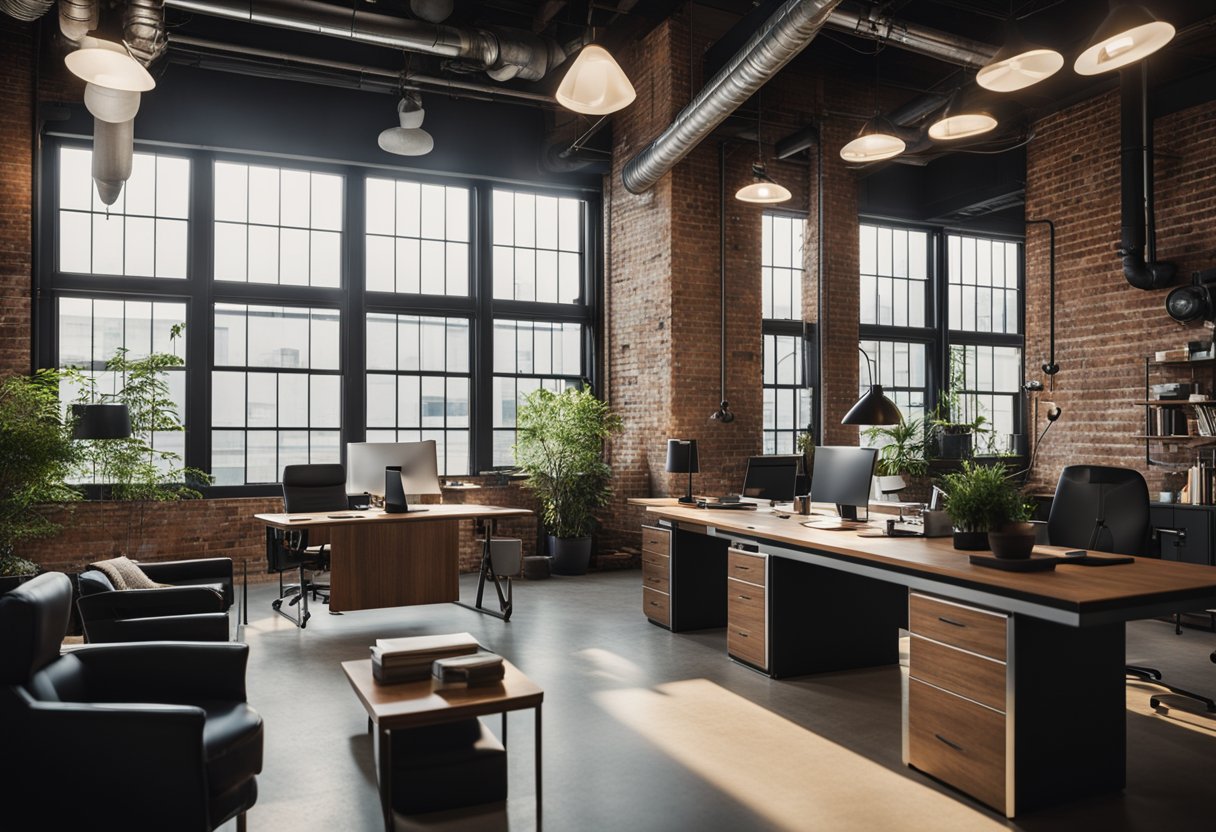 The industrial office features exposed brick walls, metal piping, and large windows. A mix of modern and vintage furniture creates a unique and functional workspace
