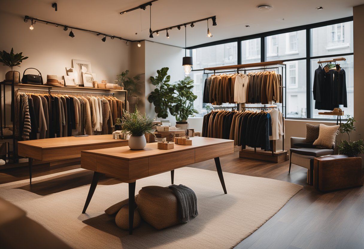 A cozy, well-lit boutique with warm wood accents, plush seating, and a curated display of clothing and accessories. Soft music plays in the background, and a welcoming scent lingers in the air