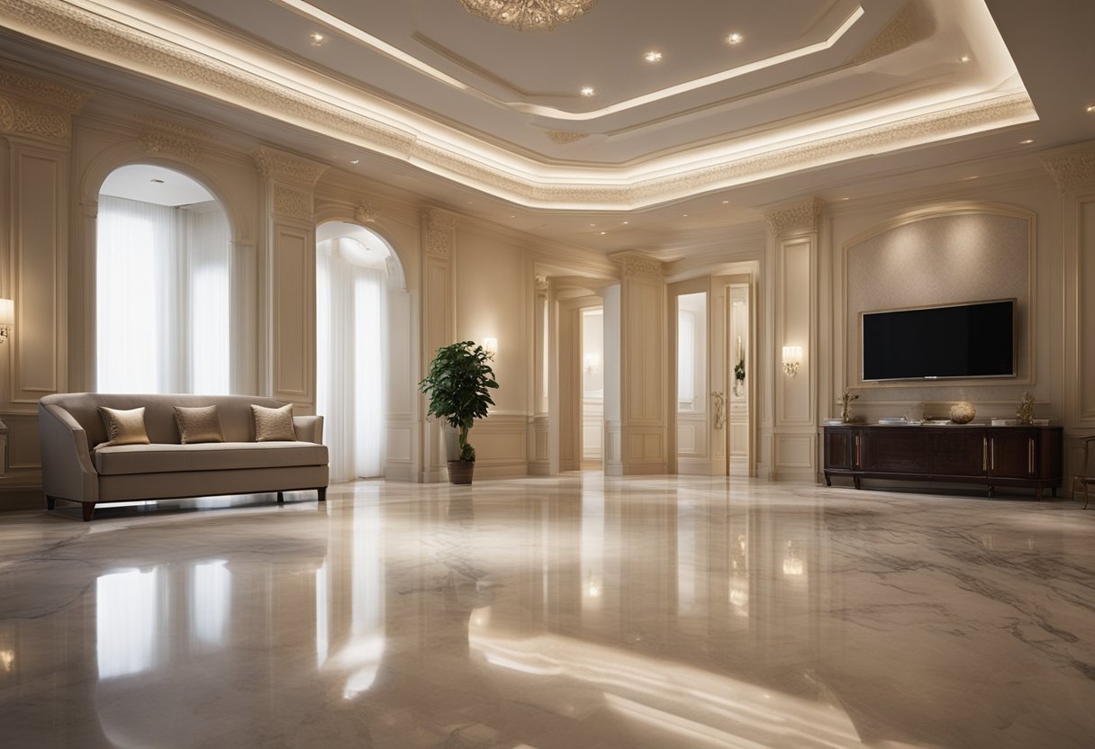 A grand marble floor with intricate veining, reflecting the soft glow of overhead lights in a spacious, elegant interior design