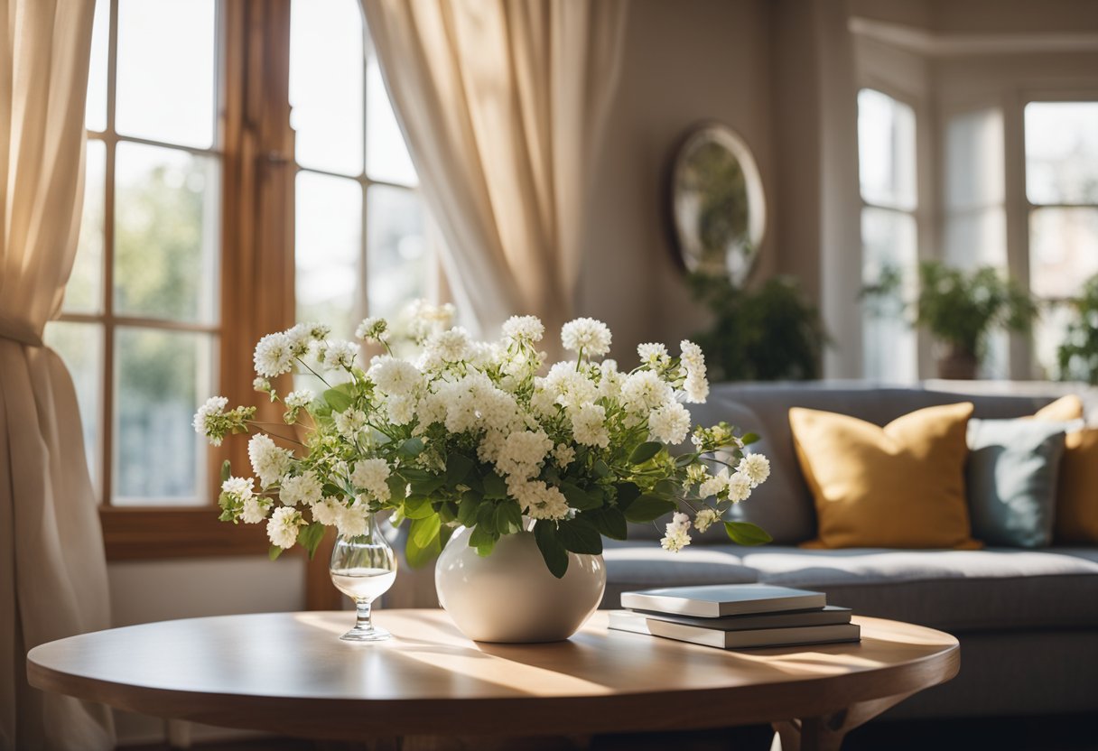 A cozy living room with a large bay window, adorned with flowing curtains and a cushioned window seat. A small table with a vase of flowers sits in the sunlight