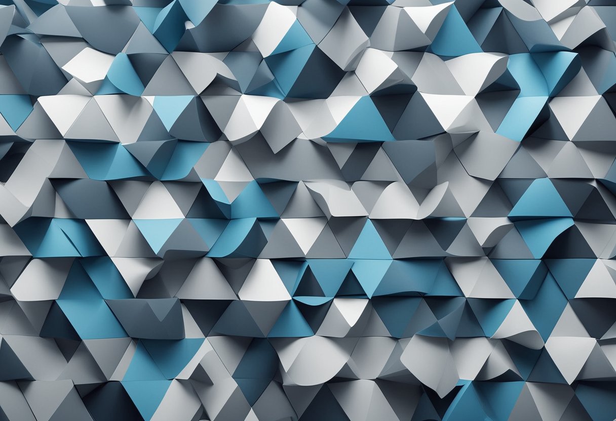 The office wallpaper features a modern geometric pattern in shades of blue and gray, creating a sleek and professional atmosphere