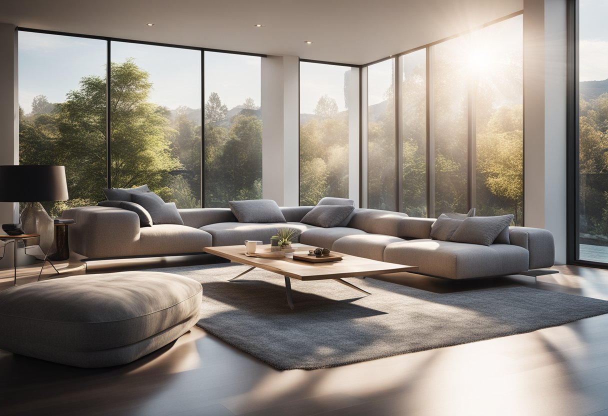 A modern living room with a cozy sofa, sleek coffee table, and abstract art on the wall. Sunlight streams in from large windows, illuminating the space