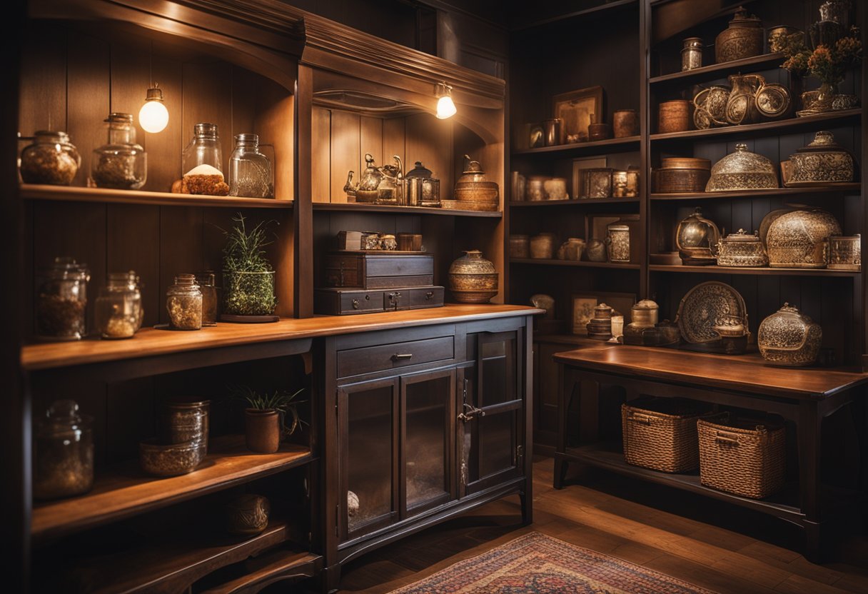 The hutch interior is cozy, with warm lighting and rustic decor. A plush rug covers the wooden floor, and a collection of vintage knick-knacks adorns the shelves