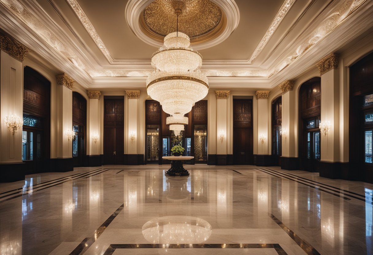 A grand foyer with polished marble floors, adorned with intricate patterns and elegant borders, reflecting the soft glow of overhead chandeliers