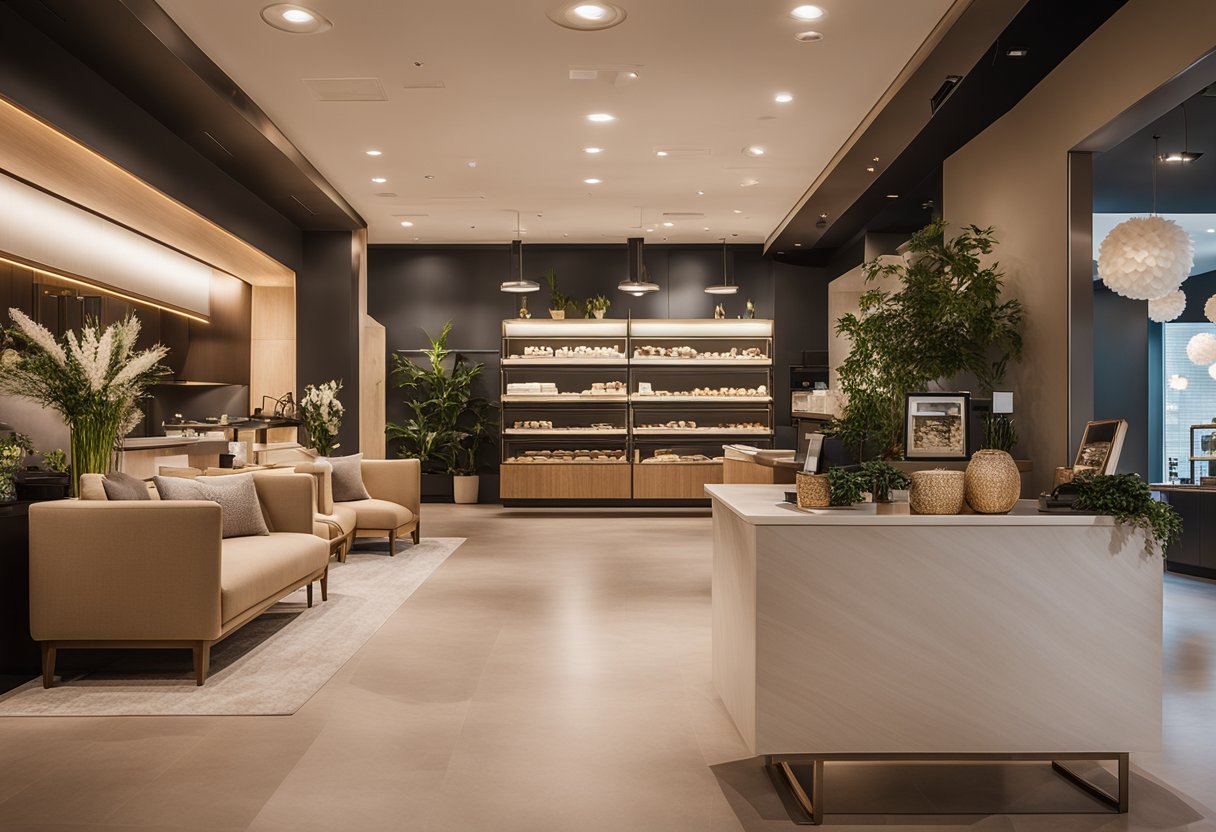The boutique interior features soft lighting, modern fixtures, and inviting seating areas. A neutral color palette and natural materials create a warm and welcoming atmosphere