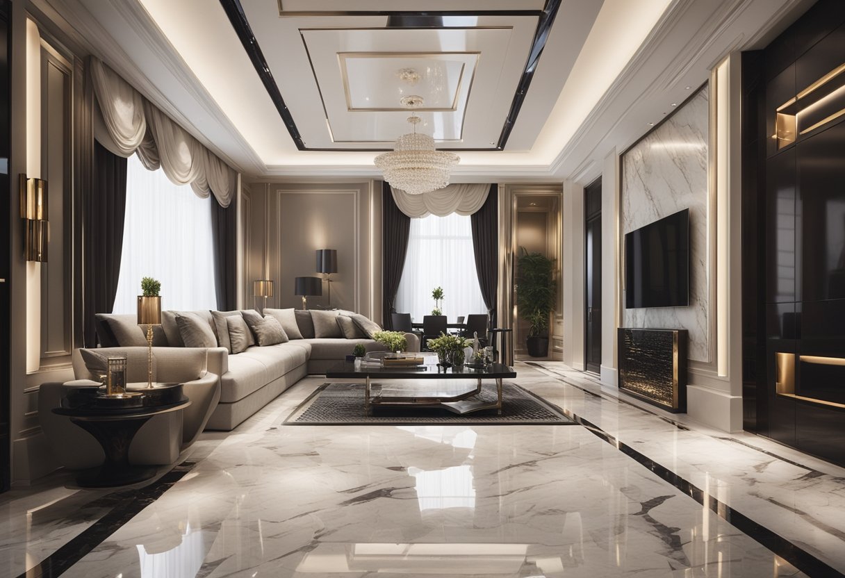A sleek, polished marble floor with intricate veining, accented by carefully placed furniture and minimalistic decor