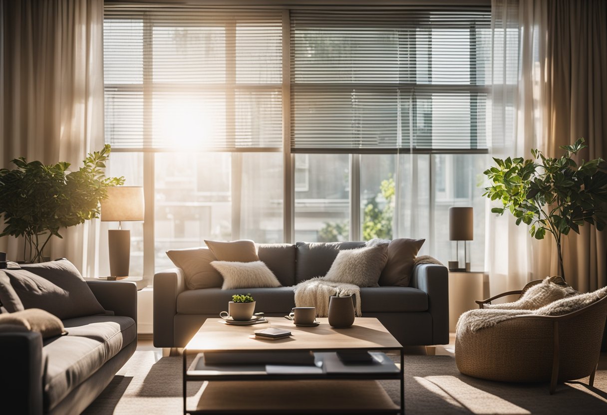 A cozy living room with soft, diffused light streaming through sheer curtains, creating a warm and inviting atmosphere while still maintaining privacy