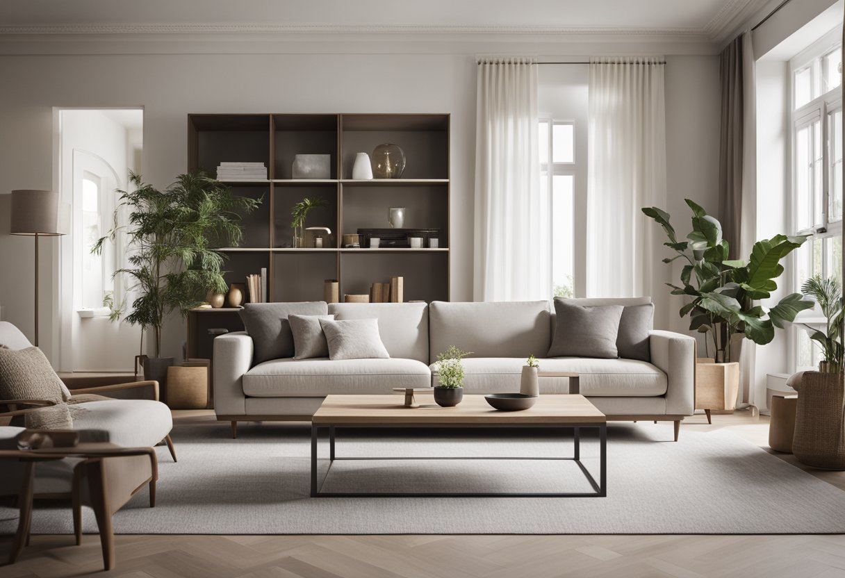 A modern living room with minimalist furniture, neutral color palette, and natural lighting. Clean lines and open space create a sense of tranquility and simplicity