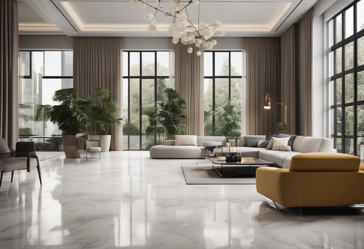 A spacious room with a sleek, polished marble floor, featuring a modern interior design with clean lines and minimalistic furniture