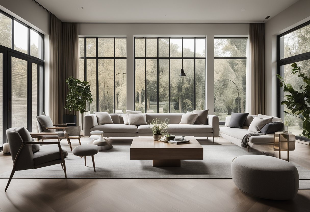 A modern living room with clean lines, neutral colors, and minimalistic furniture. Large windows let in natural light, showcasing the sleek, polished surfaces and geometric patterns