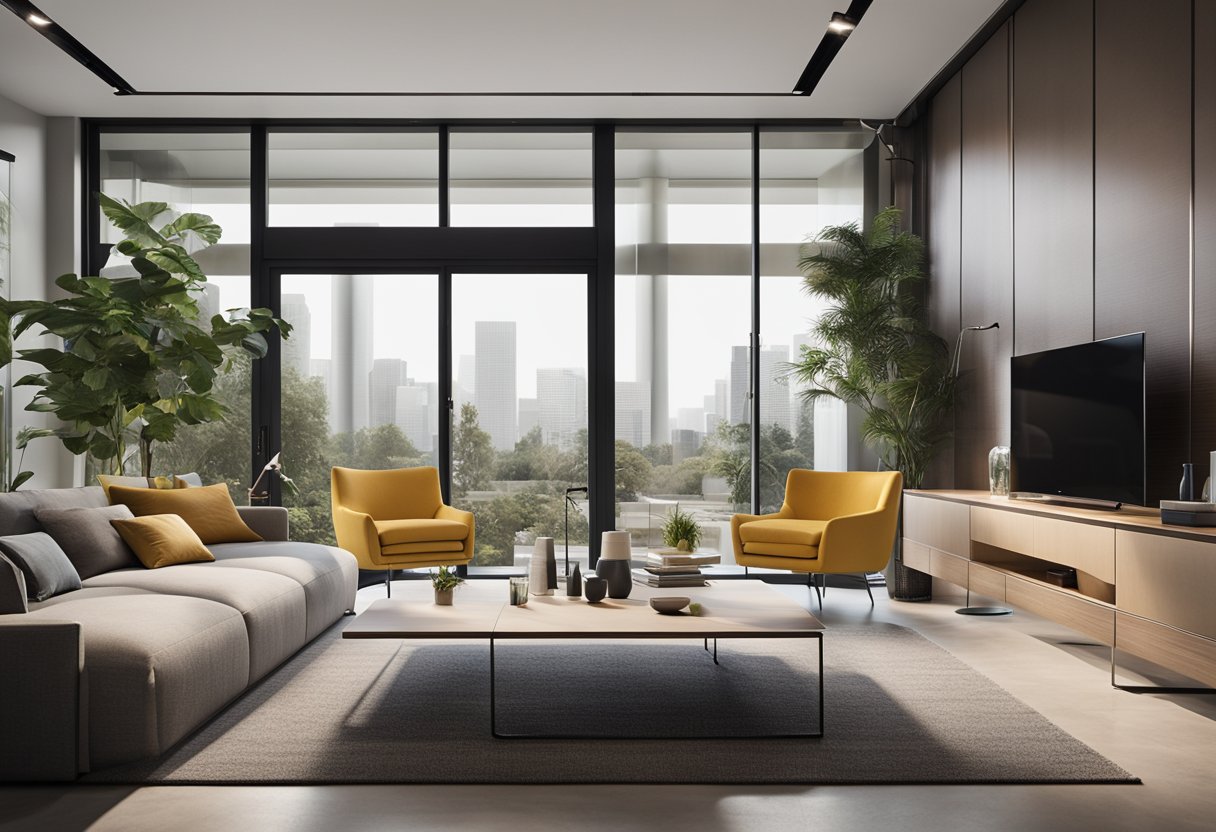 The interior design of the Frequently Asked Questions window features clean lines, modern furniture, and a minimalist color scheme with pops of bright accent colors