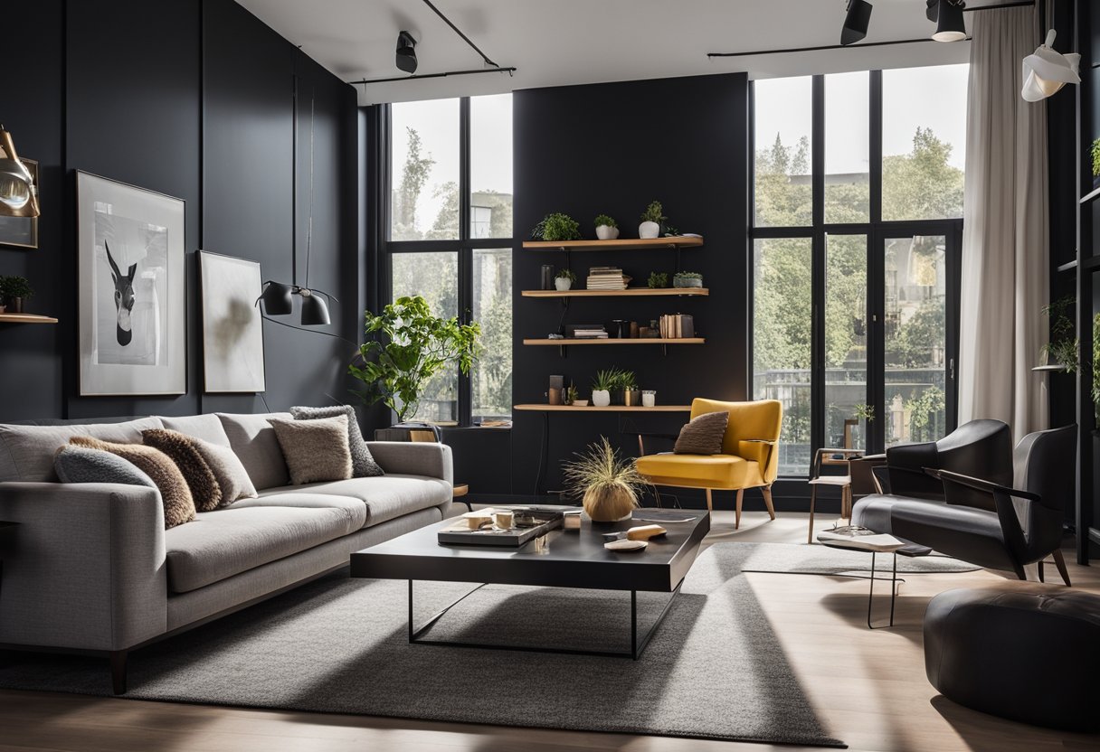 A cozy living room with a black accent wall, contrasting with light furniture and colorful decor. Natural light filters in through large windows, creating a modern and stylish atmosphere