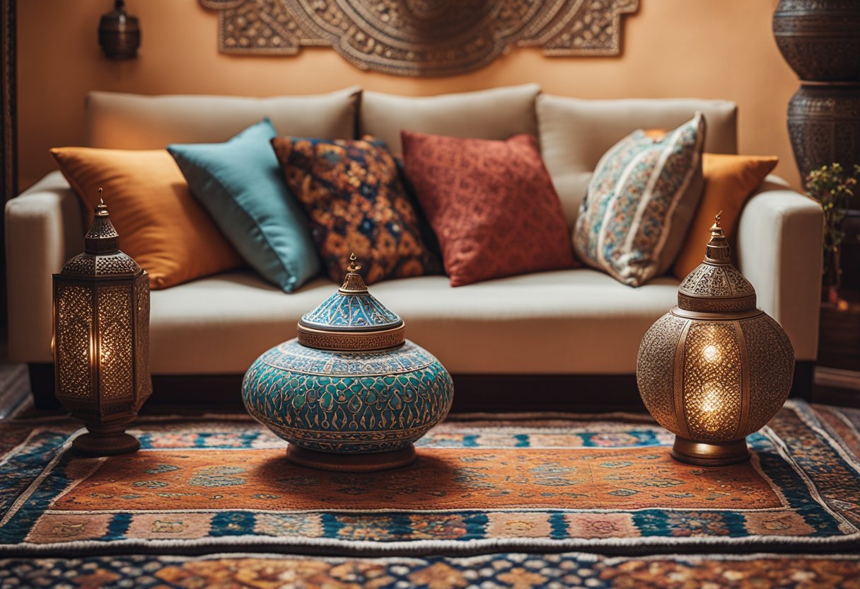 A cozy Moroccan interior with intricate tile work, colorful rugs, ornate lanterns, and plush cushions