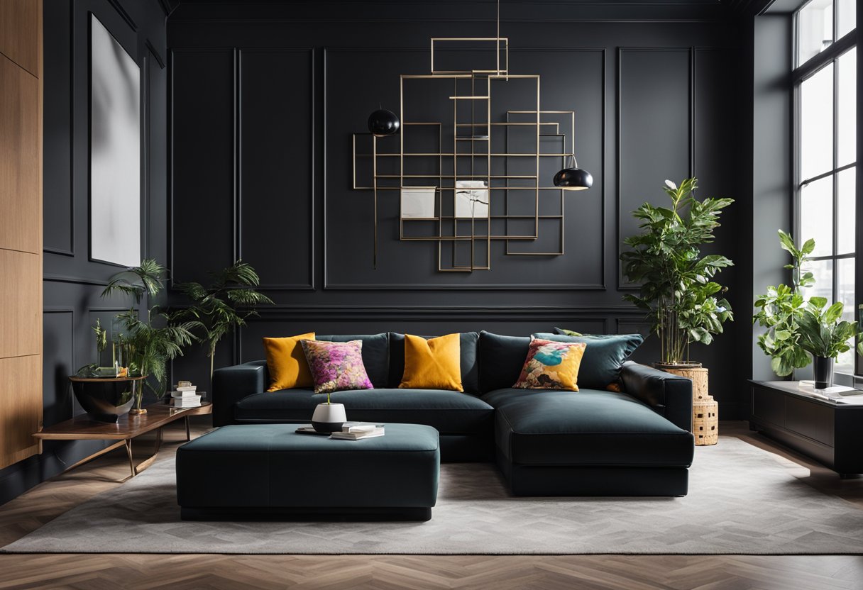 A modern living room with black walls, minimalistic furniture, and pops of vibrant colors. The room features sleek lines and geometric patterns, creating a bold and sophisticated atmosphere