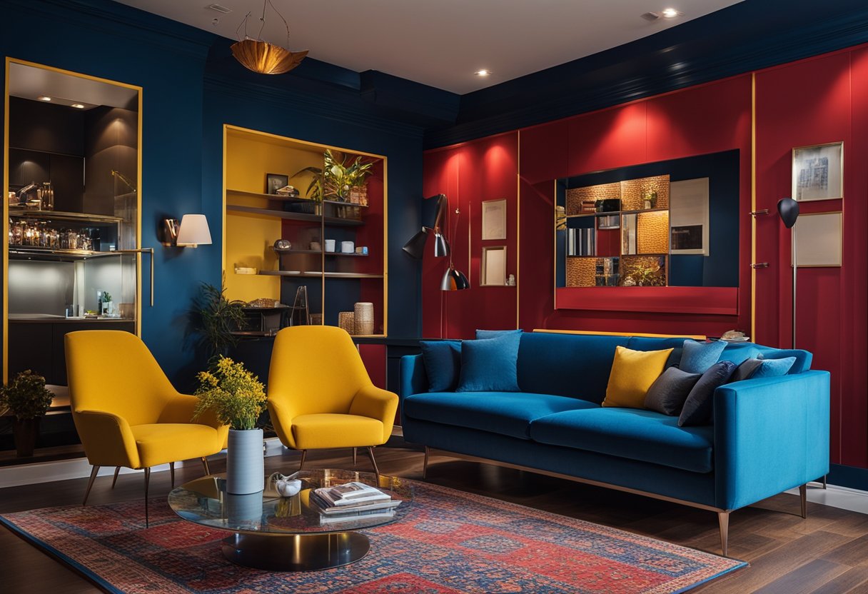 Vibrant colors adorn the walls and furnishings, creating a dynamic and inviting atmosphere in the interior space. Rich hues of red, blue, and yellow are strategically placed to enhance the overall design scheme