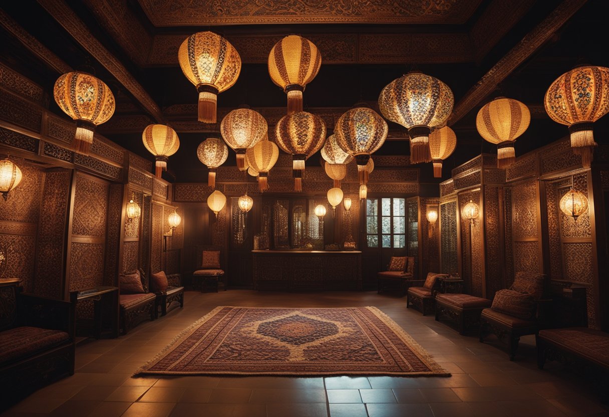 Richly patterned rugs cover tiled floors beneath ornate lanterns hanging from the ceiling. Intricately carved wooden furniture and vibrant textiles create a warm and inviting atmosphere