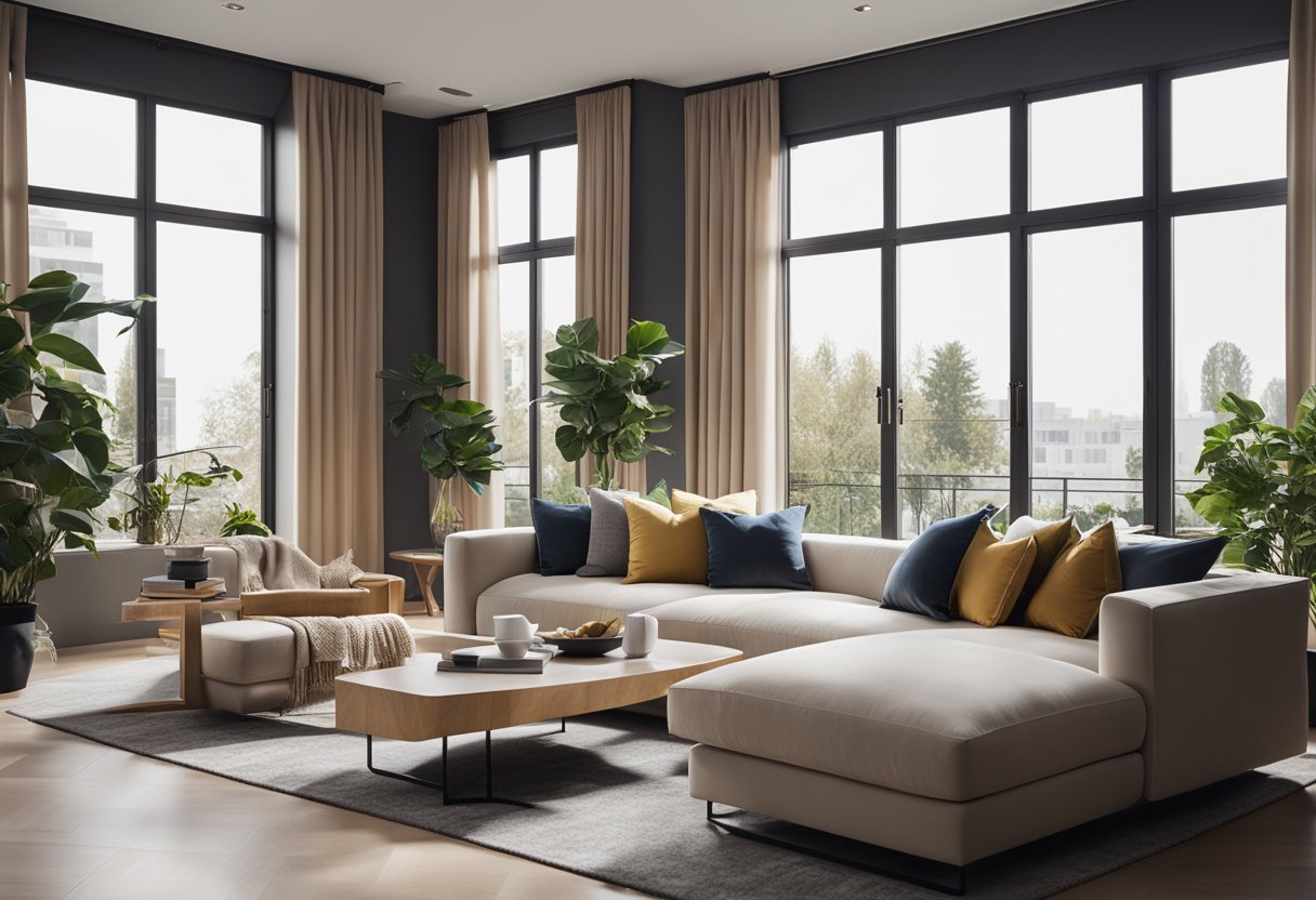 An elegant living room with modern furniture and a cozy atmosphere, featuring a large window with natural light and a stylish color scheme