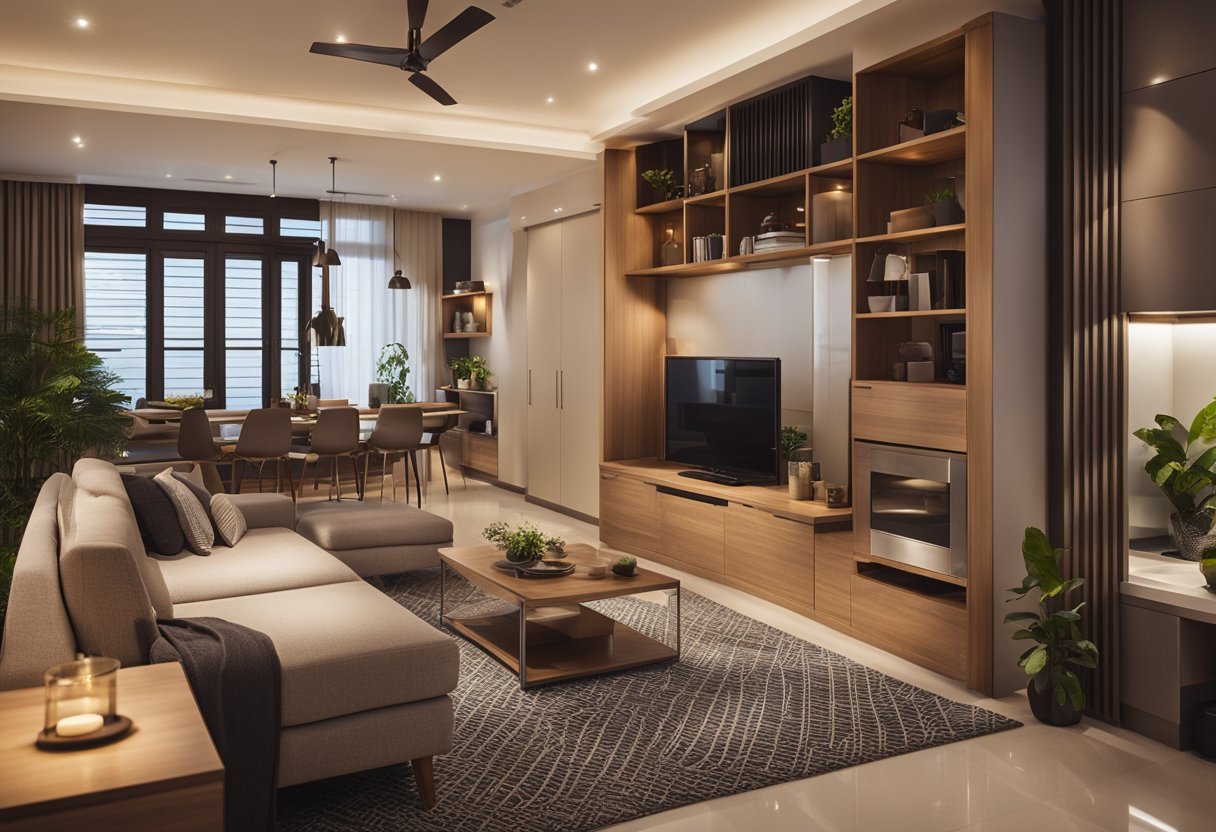 A cozy 2 BHK flat with modern furniture, warm lighting, and vibrant accent decor. Open floor plan with a stylish kitchen and comfortable living space