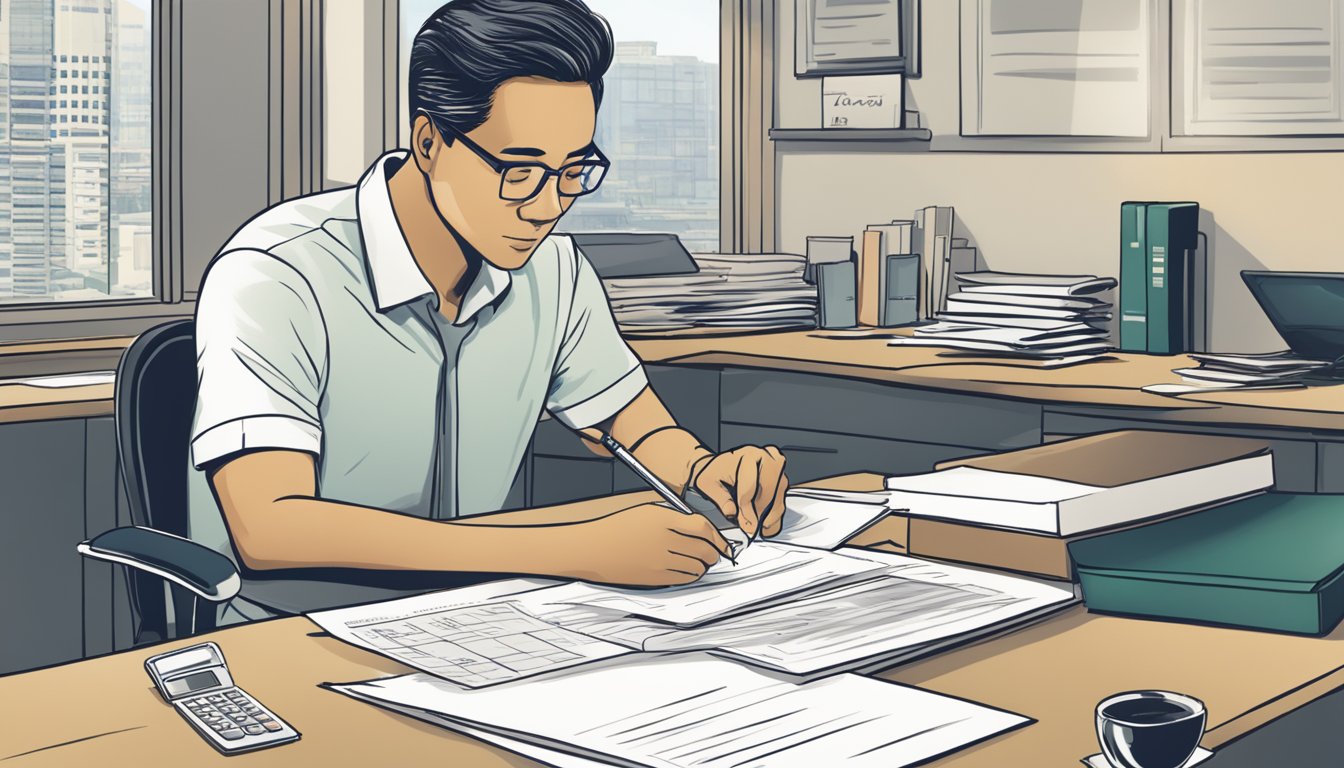 A man sits at a desk, writing a check to settle his Hong Leong personal loan early. The loan statement and calculator are spread out in front of him