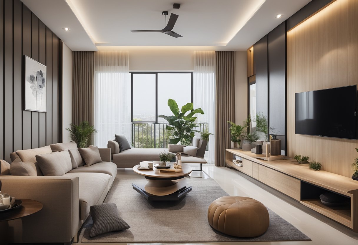 A modern 2 bhk flat with minimalist interior design, featuring sleek furniture, neutral color palette, and ample natural light