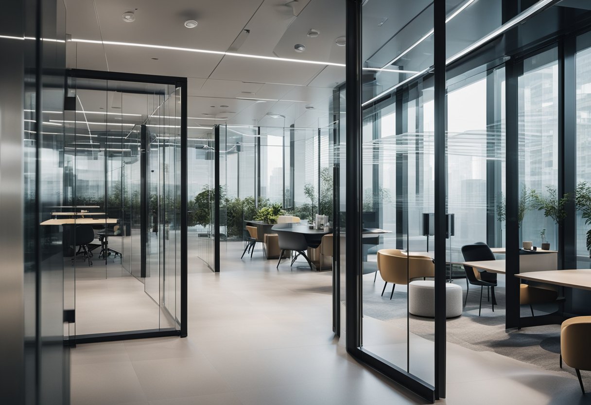 A modern, sleek polycarbonate interior with clean lines, transparent partitions, and reflective surfaces