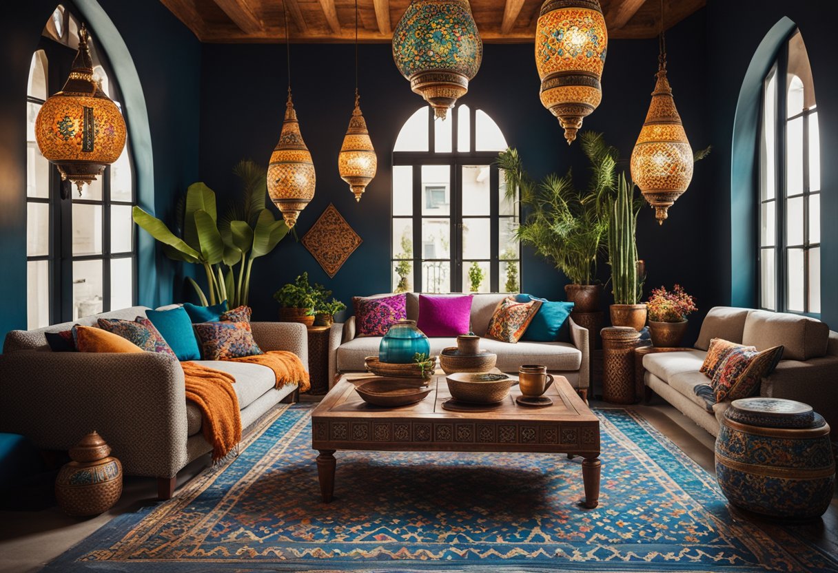 A cozy Moroccan-inspired living space with vibrant rugs, ornate lanterns, and low-slung seating around a mosaic-tiled coffee table. Richly patterned textiles and carved wood accents add warmth and character to the room